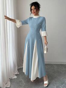 Modelyn Vestido de mujer con diseño en dos tonos, empalmado, fruncido y con bajo abombado