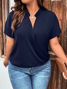 SHEIN Clasi Plus Size Summer Simple Solid Color Notched Neck Short Sleeve Shirt - Navy Blue - View 1