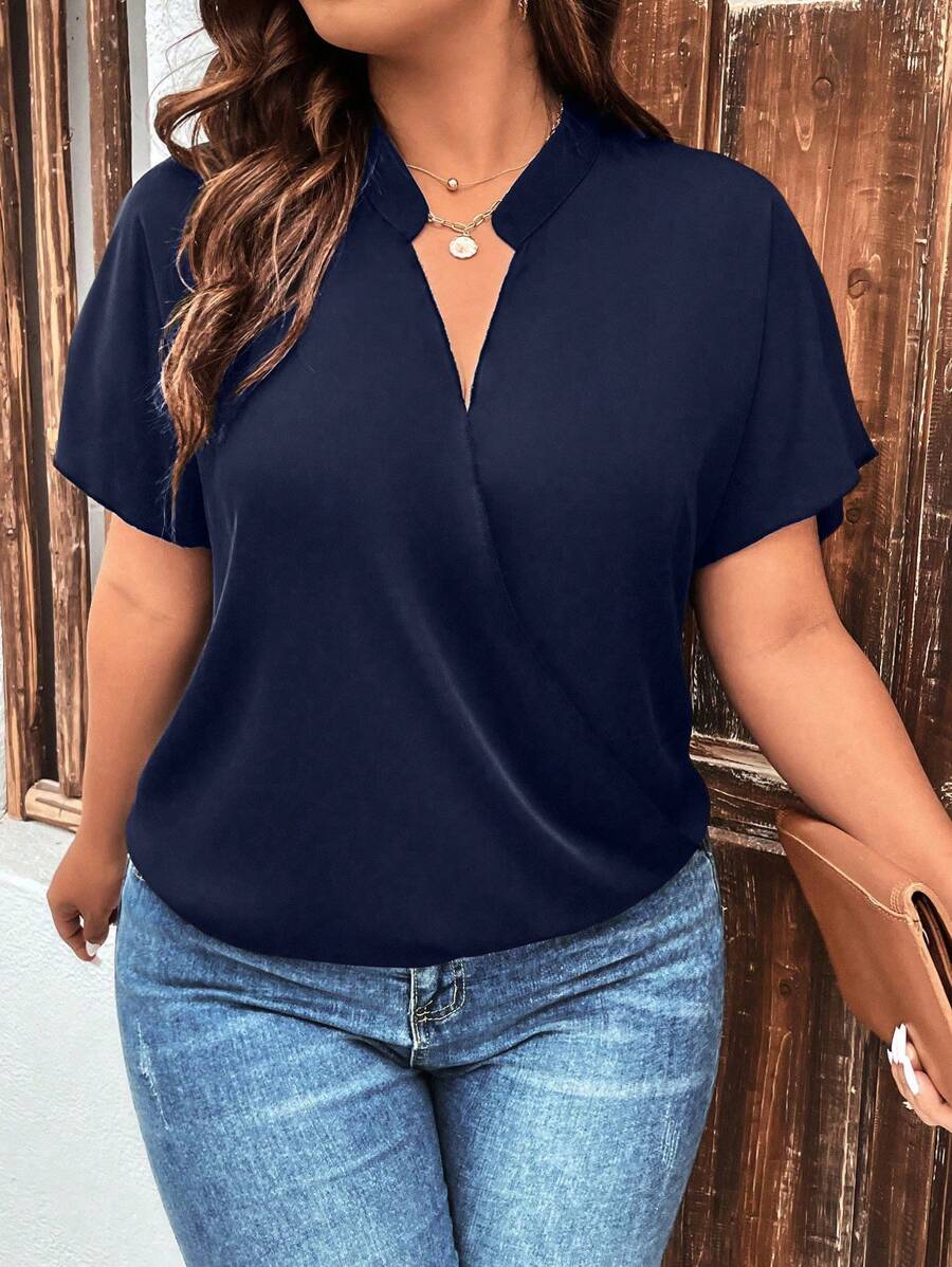 SHEIN Clasi Plus Size Summer Simple Solid Color Notched Neck Short Sleeve Shirt - Navy Blue - View 1