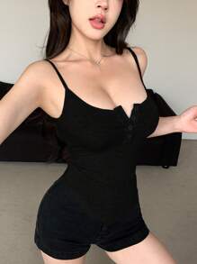 DAZY 女式夏季花卉灰色半纽扣短款修身无袖吊带背心 - 黑色 - 查看 4