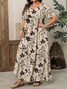 EMERY ROSE Váy nghỉ mát mùa hè rộng rãi, tay ngắn, cổ chữ V, họa tiết lá phong và hoa nhỏ, cỡ lớn, màu kaki tối giản, giản dị - Nhiều màu - Xem 6