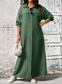 EMERY ROSE Plus Size Women's Solid Color Drop Shoulder Loose Casual Shirt Dress, Spring/Fall Maxi Women Outfit - Army Green - View 5
