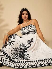 SHEIN Clasi Flowers Birds Plus Size Women Elegant Commuting Vacation Style Contrast Color Placement Print Tube Top Overall Strap Dress - Black and White - View 1