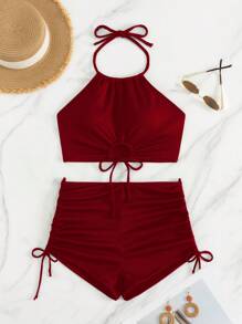 SHEIN Swim Bộ đồ bơi đi biển/tiệc tùng 2 mảnh dây buộc phía trước màu đỏ cho nữ mùa hè - Đỏ - Xem 3