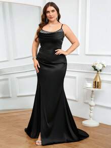 Coutiva Plus Size Elegant Beaded & Rhinestone High Slit Evening Gown,Black Spring Evening Party Special Ocassion Cocktail Party Prom Dresses For Woman Formal - Black - View 4