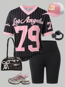 Sparklyn 青少年女孩基本款美式街头休闲运动复古队号条纹V领超大黑色边饰T恤 - 黑色 - 查看 8