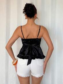 Rafferiza Camiseta interior cómoda de cuello en V con encaje floral negro sin espalda, para primavera/verano - Negro - Ver 2