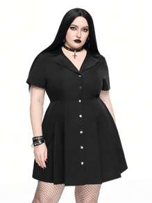 ROMWE Goth Vestito fasciato con stile college gotico vintage, collo in PU, bottoni in metallo, taglio linea A, per taglie forti