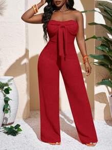 Slaydiva 新款春夏休闲度假性感优雅抹胸蝴蝶结直筒阔腿超长裤橙色针织女式连体裤 - 紅色 - 查看 5