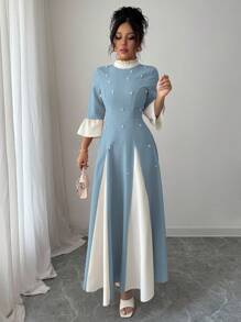 Modelyn Vestido de mujer con diseño en dos tonos, empalmado, fruncido y con bajo abombado
