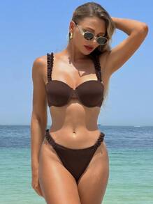 Swim Lushoire 2pcs Women's Solid Color Ruched Strap Design Bikini Set For Summer Beach Vacation - Red - View 5