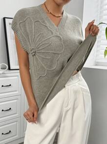 SHEIN Clasi 女式花卉 3D 装饰休闲 V 领短袖针织毛衣，百搭优雅，春夏秋冬 - 淺灰色 - 查看 3