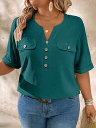 EMERY ROSE Plus Size Short Sleeve Casual Notched Collar Wood Button Decor Shirt