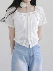 DAZY Square Neck Solid Color Contrast Lace White Short Sleeve Blouse For Women - White - View 5