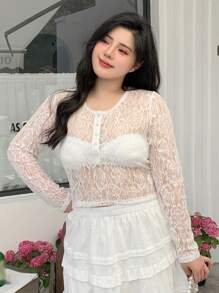 Dazy Plus Plus Size Half-Open Collar Lace Sheer Cropped Blouse For Women, Summer Long Sleeve Women Tops - White - View 8
