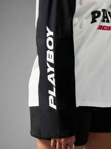 Missguided x Playboy Racing Club Long Sleeve T-Shirt Motorsport Graphic Checkered Flag Athletic Streetwear Casual Sports Leisure Youth Culture Fall Winter Spring Car Racing - Black and White - View 3