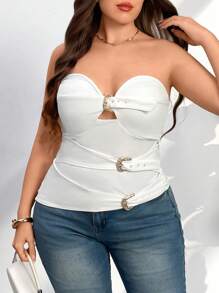 Firerie Blusa Assimétrica com Cinto de Metal Decorativo sem Alça para Mulheres Plus Size, Elegante, Minimalista, Chique, Moda de Festa, Diária, Festival de Música, Trabalho, Primavera/Verão - Branco - Visão 3