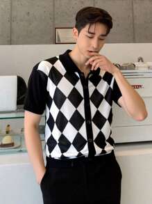 Manfinity CasualKnits Men's Casual Knitwear Polo Shirt With Diamond Pattern Short Sleeve Button-Front Top For Regular Fit And Stylish Look - Multicolor - View 4