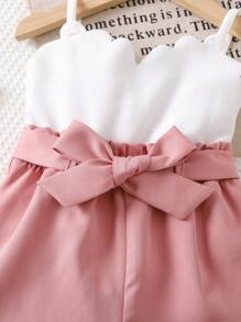 SHEIN Baby Girl Cute Summer White Camisole & Elastic Waist Shorts 2pcs Set