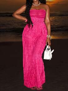 Slaydiva Elegant Beach Vacation Textured Bandeau Waisted Wide-Leg Jumpsuit, Magenta