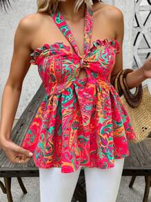 Breezaya 性感無肩帶束腰荷葉邊花卉印花度假上衣 - 彩色 - 查看 3