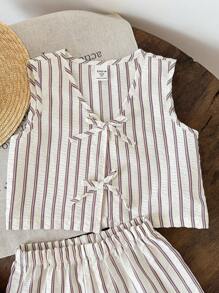 LMoss Kids 2 件套：V 领开衫和短裤，年轻女孩，编织条纹图案