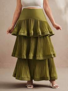 Anewsta 女式橄榄绿加大码高腰加长褶皱 A 字裙，休闲度假、节日、复活节、春季