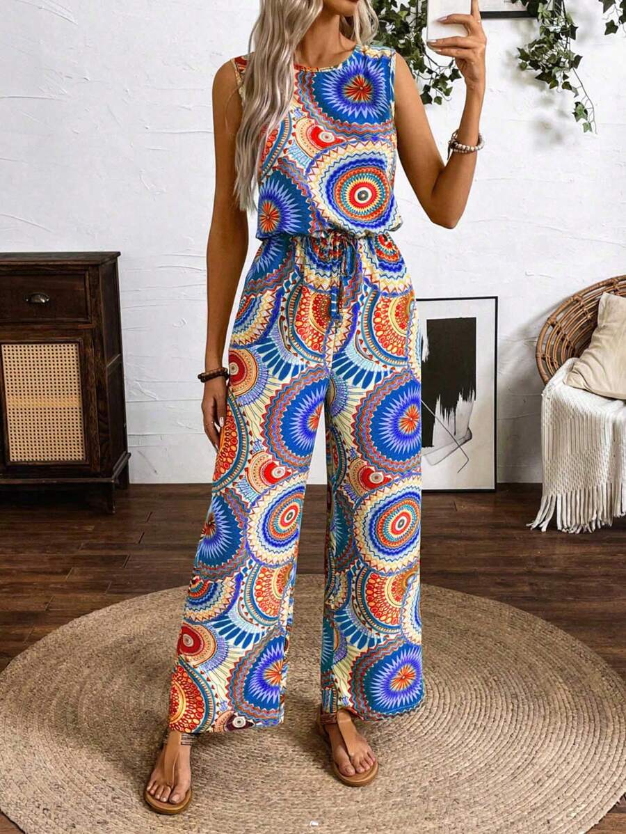 Breezaya Women's Summer Vacation Sleeveless Retro Print Jumpsuit - Baby Blue - View 1