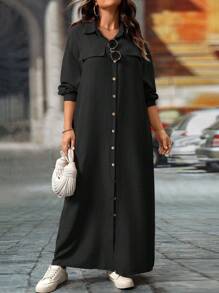 SHEIN LUNE Vestido camisero informal de talla grande para mujer, de un solo color, con hombros caídos y estilo suelto, para primavera/otoño, vestido largo de mujer - Negro - Ver 3