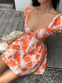 SHEIN Unity Vestito corto da donna casual e versatile per vacanza, con stampa floreale effetto Tintura a nodi e maniche a palloncino, adatto per primavera/estate - Multicolore - Visualizzare 5