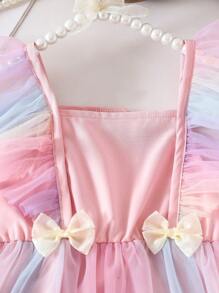 SHEIN Baby Girl   Fitted Cute Pink Woven Patchwork Colorful Mesh Ruffle Butterfly Trim Summer Dress - Multicolor - View 5