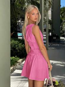SHEIN EZwear Summer Sleeveless Cinched Waist Ruched Mini Dress - Pink - View 2