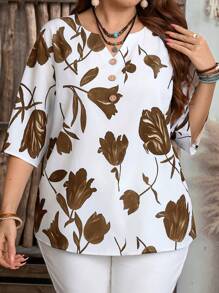 EMERY ROSE Plus Size Women Floral Print Casual Holiday Shirt - Brown - View 5