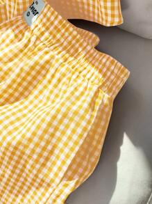 Comfortcana Summer Yellow Plaid Front Tie Bow Top And Shorts Set - Yellow - View 4