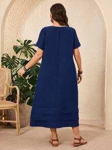 EMERY ROSE 大码纯色短袖休闲度假连衣裙春季女装度假乡村鼠尾草绿 - 藏蓝色 - 查看 2