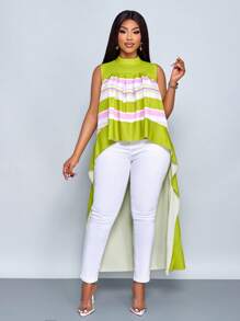 SOLERSUN Women's Plus Size Solid Color Striped Print Asymmetric Hem Sleeveless Blouse, Elegant For Spring/Summer Vacation - Green - View 7