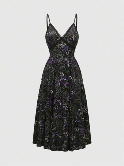 Dark Gothic Snake, Crow, Moth & Floral All Over Lace Panel Bodycon Mid-Calf Dress For Women