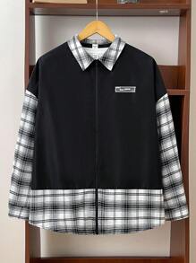 SHEIN Áo sơ mi cổ bẻ 2 trong 1 màu sắc đơn giản thường ngày dành cho bé trai tuổi teen, màu đen với họa tiết kẻ caro đen trắng, phù hợp cho mùa thu, đông, ấm áp, đại học, ở nhà, mặc hàng ngày, thể thao, tiệc sinh nhật, đi chơi, cơ bản và đa năng - Nhiều màu - Xem 7