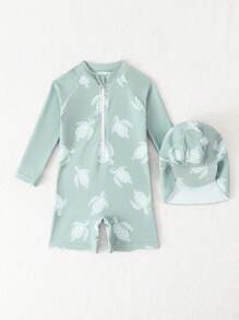 SHEIN Baby Boys Turtle Print Raglan Long Sleeve One-Piece Swimsuit With Sun Hat, Baby Boy Beach Clothes