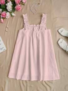 SHEIN Unity Simple Frill Strappy Solid Color A-Line Babydoll Dress, Casual Summer Mini Dress For Women - Pink - View 2