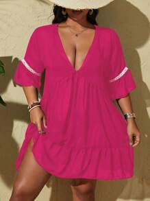 Slaydiva 大码女式V领宽松短袖沙滩罩衫 - 粉色 - 查看 1