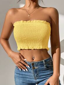 SHEIN PETITE Summer Solid Frill Trim Shirred Crop Tube Top - Yellow - View 4