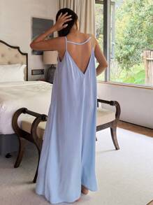 DAZY 大码女式纯色宽松露背长款吊带裙睡衣 - 藍色 - 查看 1