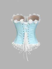Sweetra Áo crop top ren màu xanh nhạt phía trước có viền peplum và xẻ tà - Màu xanh lam - Xem 2