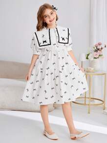 SHEIN Leap Crew Tween Mädchen Casual Pendler Polokragen Kurzarm Schleife bedrucktes Kleid - Weiss - Übersicht 5