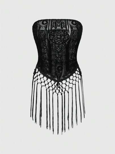 Goth Top a bustier in tulle trasparente da donna con design a nappine floccato stile gotico