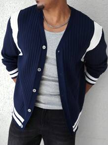 Manfinity Homme Men's Solid Color Patchwork Front Button Long Sleeve Casual Top, Everyday Wear - Multicolor - View 3