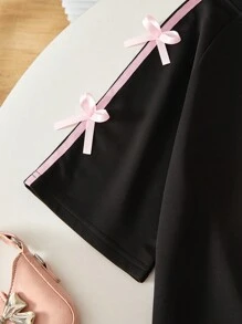2pcs/Set Girls Casual All-Match Daily Sports Style Fashion Co-Ord Set: Loose Knit T-Shirt With 3D Bow Trim + Shorts
