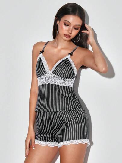 ROMWE Avant Sexy Vixen Lace Patchwork Striped Casual Camisole Pajama Set, Summer