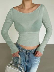 DAZY Autumn New Arrival Off-Shoulder Form-Fitting Women T-Shirt Sheer,Off Shoulder Top Long Sleeve Women Tops,Fall Women Clothes - Green - View 6